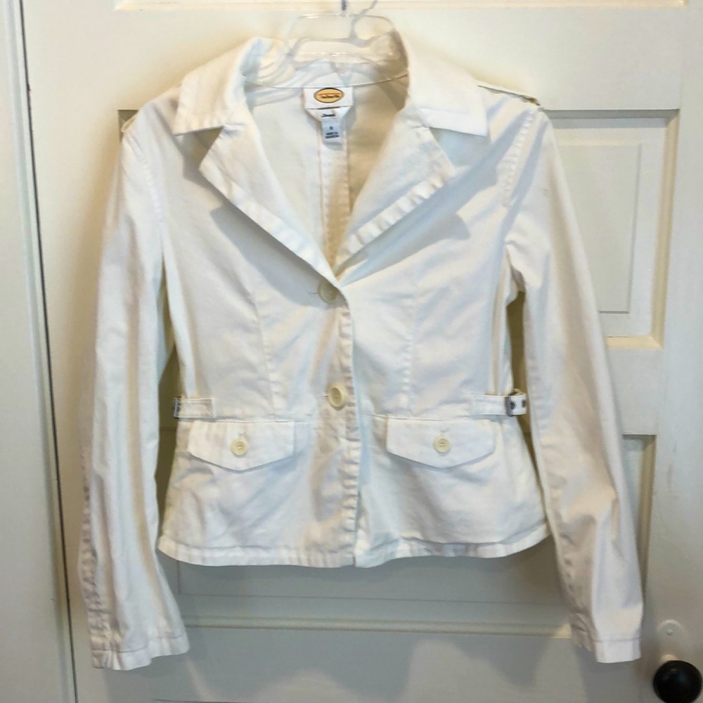 Talbots white stretch buckle button trench blazer